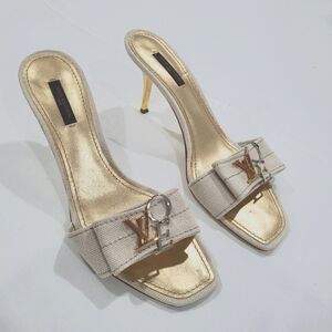 Louis Vuitton Gold & Beige Canvas LV Slide Heels